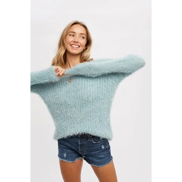 SOLD OUT Dark Mint Fuzzy Boucle Comfy Soft Pullover Knit Relaxed Fit Sweater - Picture 5 of 8